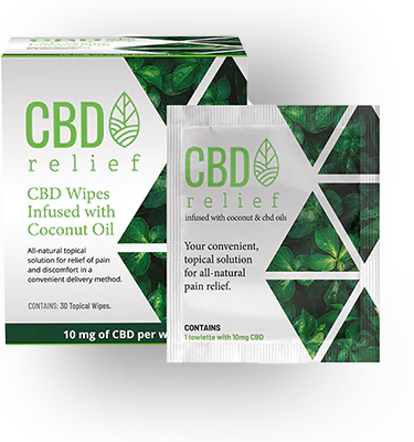 Box and packet of CBD Relief wipes